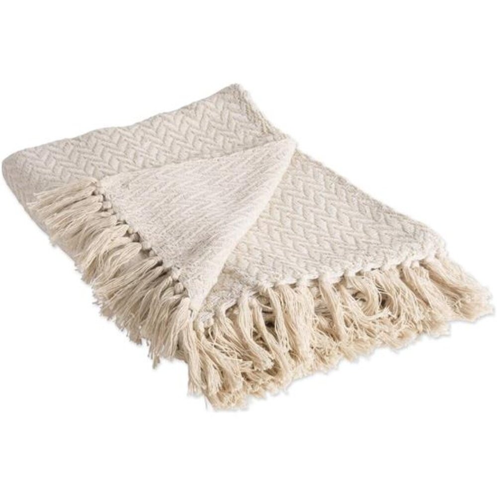 Zig Zag Throw Blanket Woven Cotton, Hand-Knotted 2.5" Fringe, 50x60, Natural